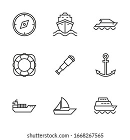 Vector set of icons on the marine theme.  Symbols of transport ships and yachts, sailboat. Thin line style.