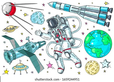 Conjunto vectorial de iconos sobre el tema del espacio. Astronauta en el espacio, cohetes y planetas con satélites sobre fondo blanco.