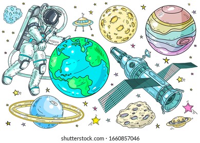 Conjunto vectorial de iconos sobre el tema del espacio. Astronauta en el espacio, cohetes y planetas con satélites sobre fondo blanco.