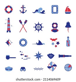 Vector set of icons on the theme of the sea, navigation, sea travel. Nautical illustration of objects of navigation, seafaring