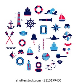 Vector set of icons on the theme of the sea, navigation, sea travel. Nautical illustration of objects of navigation, seafaring