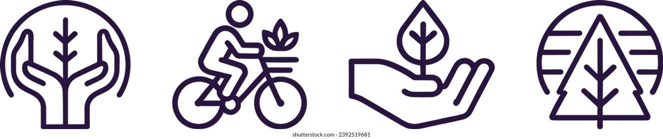 a vector set of icons on the theme of modern development and ecology: hands that are touching a tree, a cyclist, a hand that is touching a leaf, and a tree in the desolate Earth