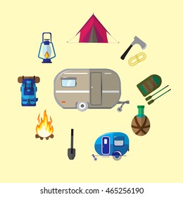 Vector set of icons on the theme of tourism , leisure . Accessories , tools .