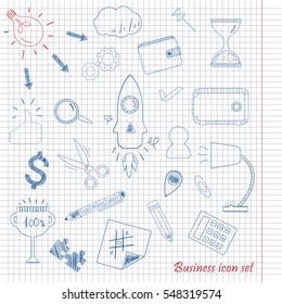 Vector set of icons on a theme business in a notebook drawn with a pen