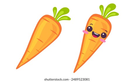 Vector set icons of orange carrot. Flat vector carrots in kawaii style.