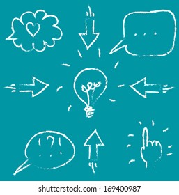 vector set of icons, outline of speech bubbles, arrows, hand for infographics or presentations hand-drawn in white chalk on blue