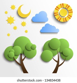 Vector set of icons. Paper cut design. Sun, moon, stars, tree, clouds