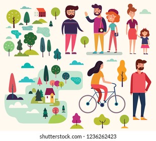 Vector set with icons. People on the walk