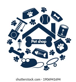 Vector set of icons for pet shop. Bowl, food for cats and dogs isolated on white background for postcard, logo, business card