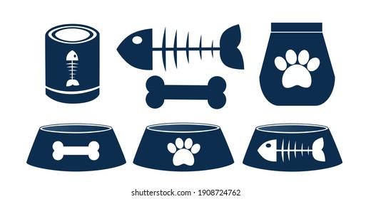Conjunto de vectores de iconos para la tienda de mascotas. Tazón, comida para gatos y perros aislados en fondo blanco para postal, logotipo, tarjeta de visita