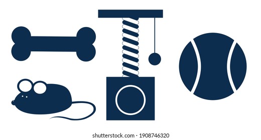 Vector set of icons for pet shop. Toys, scratching post, ball, bone for cats and dogs isolated on white background for postcard, logo, business card