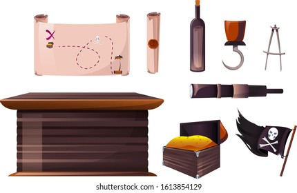 Vector set icons of pirate ship equipment. Cartoon illustration of flag with skull and crossbones, map, gold treasure box, bottle and pirate hook. Symbols of sea adventure for game or theme party