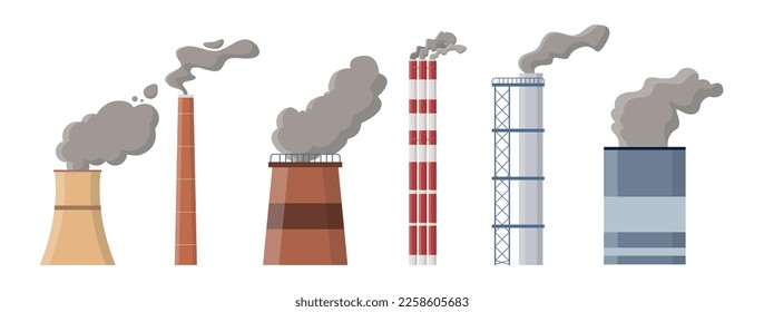 Vector set of icons of plants and factories, made in cartoon style, isolated on a white background. Industrial complex. Pollution of the environment, emissions into the atmosphere