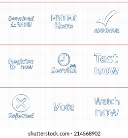 Vector set icons for print, app and web (Download icon, Enter icon, Approve icon, Register icon, Work Hour icon, Test icon, Rejected icon, Vote icon, Watch icon)