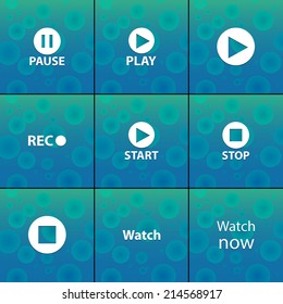 Vector set icons for print, app and web (Pause icons, Play icons, Rec icon, Start icons, Stop icon, Watch icon)