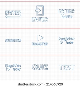 Vector set icons for print, app and web (Enter icons, Register icons, Quiz icon, Test icon)