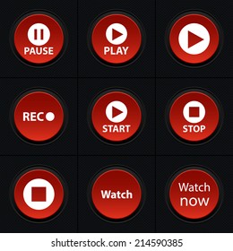 Vector set icons for print, app and web (Pause icons, Play icons, Rec icon, Start icons, Stop icon, Watch icon)