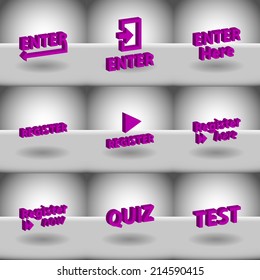 Vector set icons for print, app and web (Enter icons, Register icons, Quiz icon, Test icon)