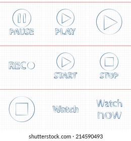 Vector set icons for print, app and web (Pause icons, Play icons, Rec icon, Start icons, Stop icon, Watch icon)