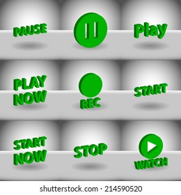 Vector set icons for print, app and web (Pause icons, Play icons, Rec icon, Start icons, Stop icon, Watch icon)