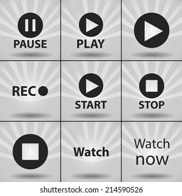 Vector set icons for print, app and web (Pause icons, Play icons, Rec icon, Start icons, Stop icon, Watch icon)