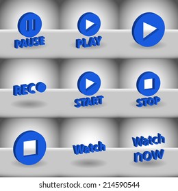 Vector set icons for print, app and web (Pause icons, Play icons, Rec icon, Start icons, Stop icon, Watch icon)