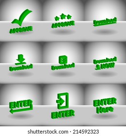 Vector set icons for print, app and web (Approve icon, Download icon, Enter icon)