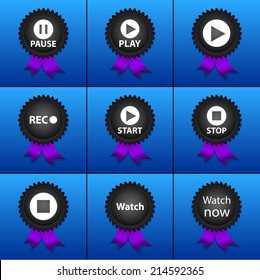 Vector set icons for print, app and web (Pause icons, Play icons, Rec icon, Start icons, Stop icon, Watch icon)