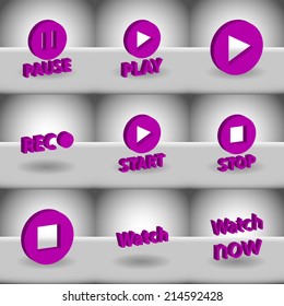 Vector set icons for print, app and web (Pause icons, Play icons, Rec icon, Start icons, Stop icon, Watch icon)