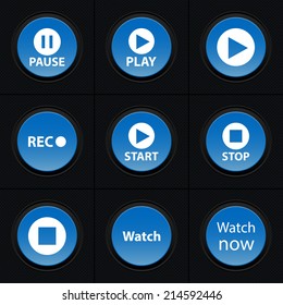 Vector set icons for print, app and web (Pause icons, Play icons, Rec icon, Start icons, Stop icon, Watch icon)