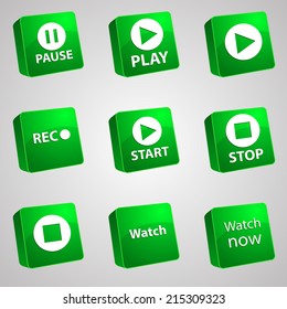 Vector set icons for print, app and web (Pause icons, Play icons, Rec icon, Start icons, Stop icon, Watch icon)