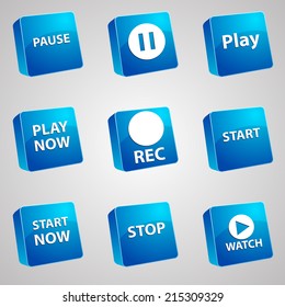 Vector set icons for print, app and web (Pause icons, Play icons, Rec icon, Start icons, Stop icon, Watch icon)