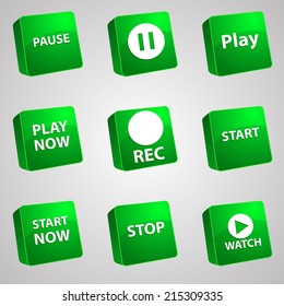 Vector set icons for print, app and web (Pause icons, Play icons, Rec icon, Start icons, Stop icon, Watch icon)
