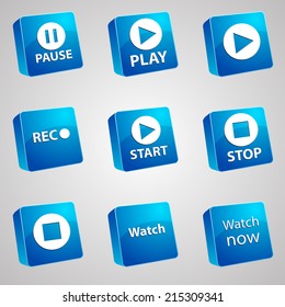 Vector set icons for print, app and web (Pause icons, Play icons, Rec icon, Start icons, Stop icon, Watch icon)