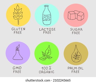  Vector set of icons of proper nutrition and allergen free products: gluten, sugar, lactose, palm oil,gmo. Eps food sign for label, packing, box.
