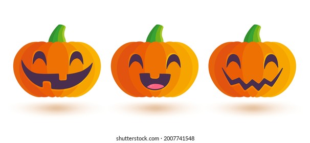 Vector set icons of pumpkin for Halloween in kawaii style. Cute pumkin in manga style.