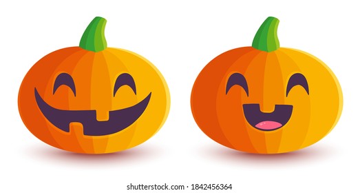 Vector set icons of pumpkin in kawaii style for Halloween. Cute pumkin in manga style.