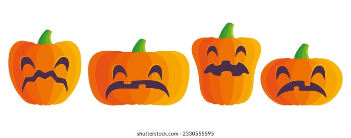 Vector set icons of pumpkin with smile for Halloween in flat style. Vector illustration of pumkins for Halloween.