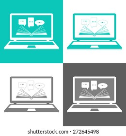 Vector set of icons. Reading e-books. On-line learning. Open book paper with speech clouds on the laptop. Flat design.