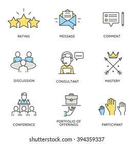 Vector set of icons related to business, corporate management, employee organization and customer relationship management. Flat line pictograms and infographics design elements - part 2