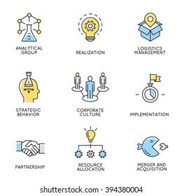 Conjunto vectorial de iconos relacionados con el negocio, la administración corporativa, la organización de empleados y la administración de relaciones con el cliente. Pictogramas de línea plana y elementos de diseño de infografías - parte 3