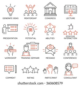 Vector set icons related to career progress, corporate management, business people training and professional consulting service. Mono line pictograms and infographics design elements 