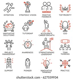 Vector set icons related to career progress, coaching, business people training, tutorship and professional consulting service. Mono line pictograms and infographics design elements - part 4