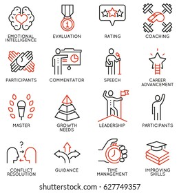 Vector Set Icons Related To Career Progress, Coaching, Business People Training, Tutorship And Professional Consulting Service. Mono Line Pictograms And Infographics Design Elements - Part 3