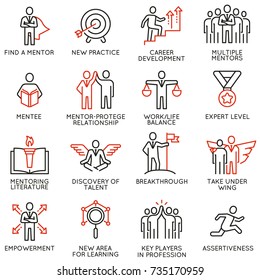 Vector set icons related to career progress, corporate management, business people training, tutorship and professional consulting service. Line pictograms and infographics design elements - part 4