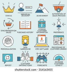 Vector set of icons related to customer relationship management. Flat line pictograms and infographics design elements - part 1
