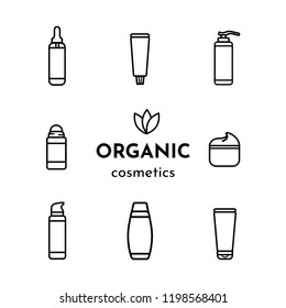 Vector set. Icons of roll-on deodorant, tooth paste, cream, bottle of serum, shampoo, shower gel, liquid soap. Text: Organic cosmetics.  Logo with 3 leaf. White background. Flat style, black outline