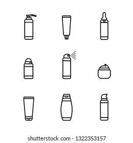 Vektorset. Symbole von Rollo-on Deodorant, Zahnpasta, Creme, Serumflasche, Shampoo, Duschgel, flüssige Seife. Weißer Hintergrund. Flacher Stil, schwarzer Umriss