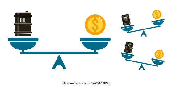 Vector set icons of a scale with barrel of oil and money. Vector illustration of a balance beetween money and barrel of oil. Coin, oil and scale.