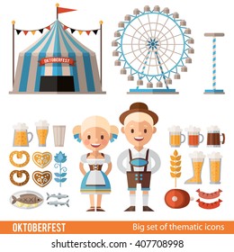 Vector set of icons, scenes and characters for Oktoberfest. Tent, Ferris wheel, man and woman, beer and sausages for the festival. Traditional Bavarian Festival.